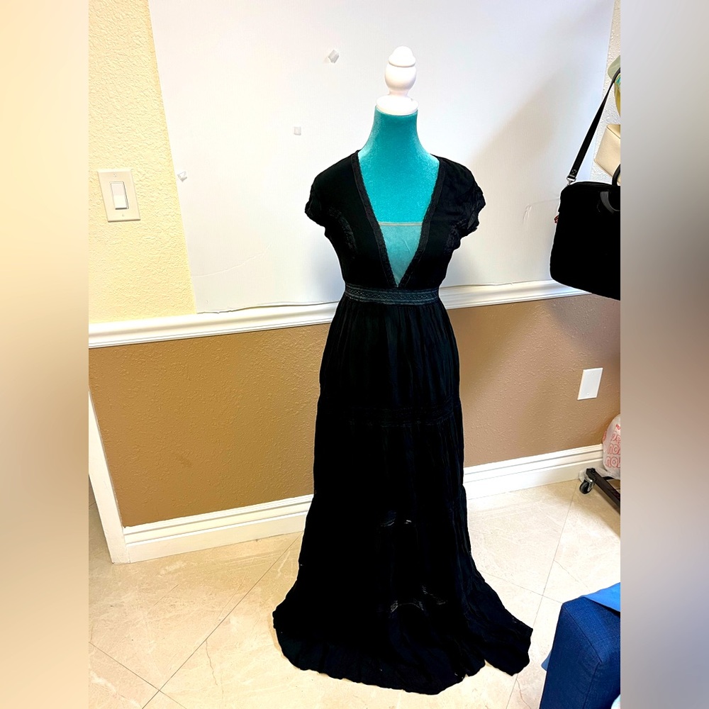 JO Brand Black Boho Maxi Dress – Deep V Neck, Cap Sleeve, Tiered Skirt – Size L